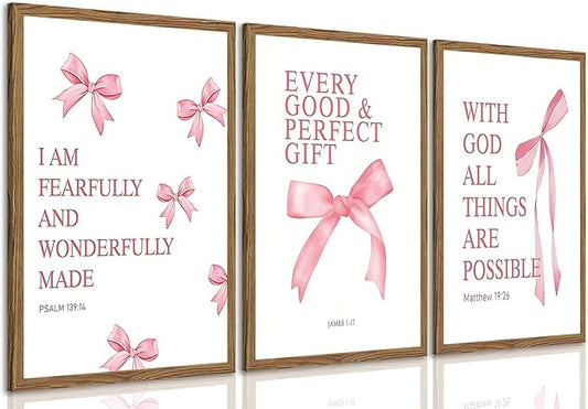 JBZDD Wood Coquette Pink Bow Canvas Wall Art Set of 3, Inspirational Bible Verses Decor Posters Pictures Prints Aesthetic for Girls Room College Apartment Living Room Bedroom Framed 12x16 Inch