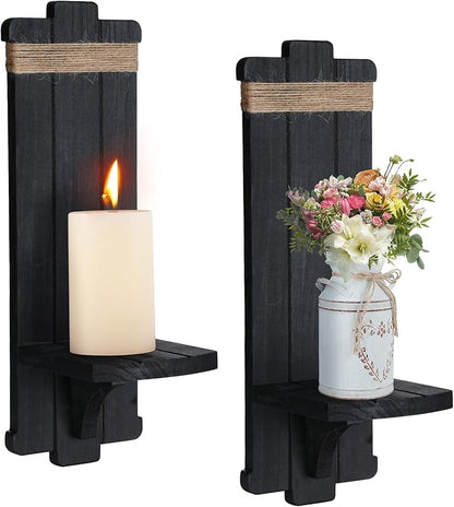 Alphatool Farmhouse Wall Decor Candle Sconces - 2 Pcs Vintage Rustic Handmade Wooden Wall-Mount Candle Holders for Bedroom Livingroom Home Hanging Art Decorations Accessories Gifts, Black