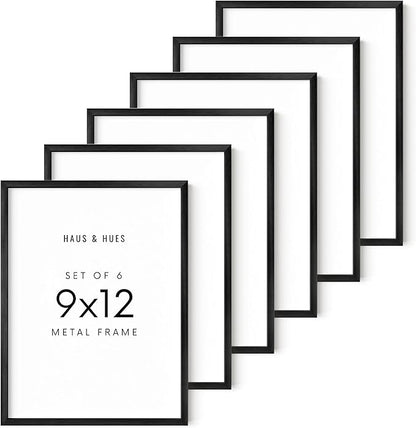 HAUS AND HUES 9x12 Black Metal Picture Frames - Features Premium Aluminum, Vertical & Horizontal Hang, Shatterproof Plexiglass - Perfect for Home, Room, Office (9x12 in, Black, Set of 6)