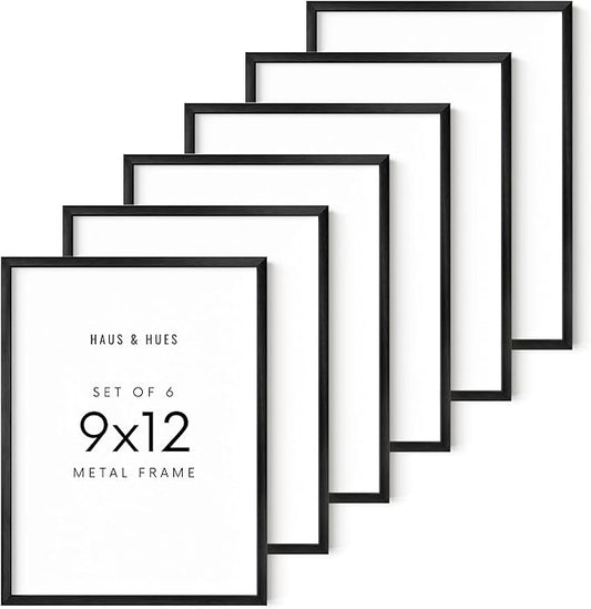 HAUS AND HUES 9x12 Black Metal Picture Frames - Features Premium Aluminum, Vertical & Horizontal Hang, Shatterproof Plexiglass - Perfect for Home, Room, Office (9x12 in, Black, Set of 6)