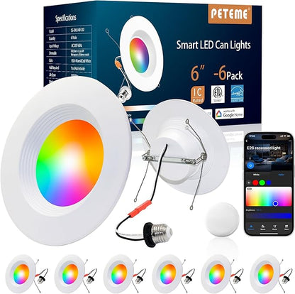 Peteme E26 Retrofit LED Recessed Lighting 6 Inch, IC Rated ETL Certified Smart Can Light Baffle Trim Style, RGBCW Dimmable Color Changing Soffit Downlight Compatible with Alexa/Google, 1100LM, 6 Pack