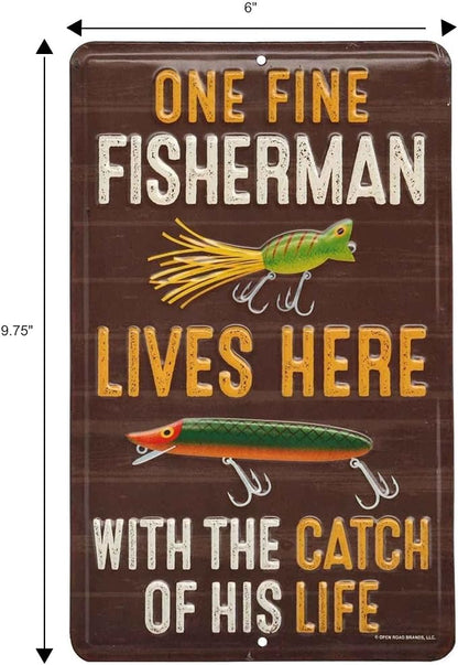 Fisherman With the Catch of His Life Embossed Metal Sign - Funny Fishing Wall Art for Garage, Lake House or Man Cave
