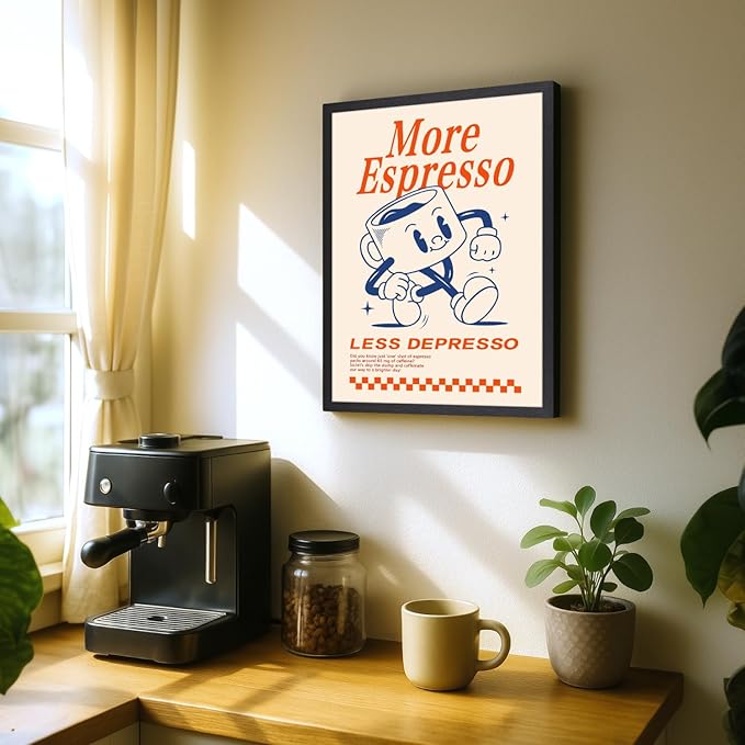 GELDSTEI Wood Framed Cute Coffee Wall Art, More Espresso Less Depresso Wall Decor, Funny Coffee Bar Aesthetic Picture, Vintage Cafe Bar Poster Print, Retro Cafe Cup Canvas Painting for Kitchen 16x24 Inch