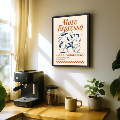 GELDSTEI Wood Framed Cute Coffee Wall Art, More Espresso Less Depresso Wall Decor, Funny Coffee Bar Aesthetic Picture, Vintage Cafe Bar Poster Print, Retro Cafe Cup Canvas Painting for Kitchen 12x16 Inch
