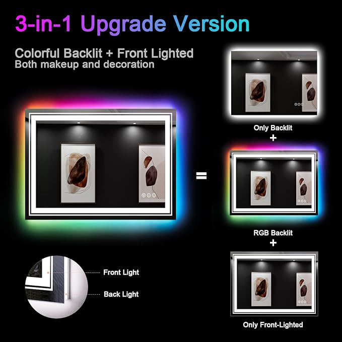 Snowdool LED Mirror for Bathroom, 40"X32" with 8 RGB Backlit +3 Front Lit (Adjustable Individually), Anti-Fog, Lighted Bathroom Vanity Mirror for Wall, Shatterproof, Memory Function, Tempered Glass
