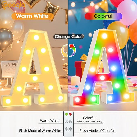 Pooqla LED Light Up Letters, Warm White and Colorful Lighted Marquee Letters with Remote, Lighted Letter for Party Birthday Decorations, Gift for Girls Boys Night Light, Wedding Home Decor, Letter T