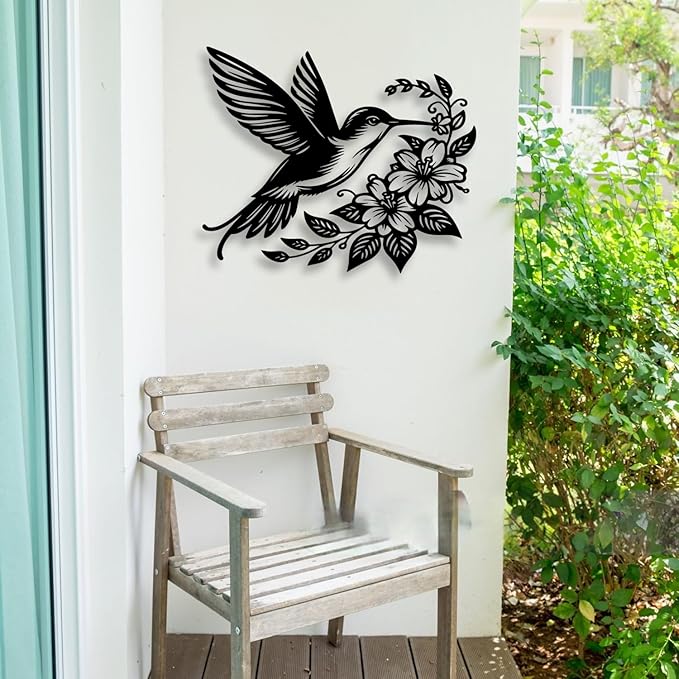 LIYOUYA Hummingbird Flower Metal Wall Decor - Rustic Farmhouse Room Decor Black Wall Art Home Decor for Living Room, Dining Room, Courtyard (Black)