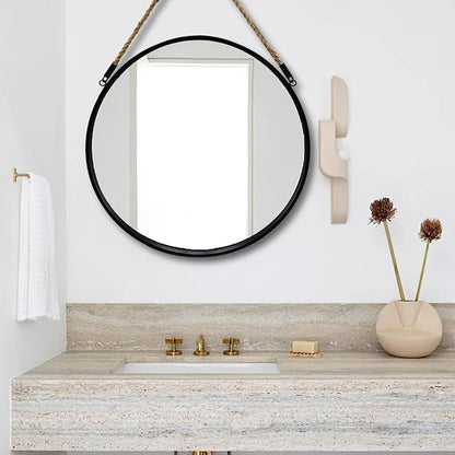 POZINO Large Round Hanging Mirror, Circle Wall Mirror with Rope, 30 Inch Black Frame Farmhouse Mirror for Bathroom Bedroom Living Room Entryway Home Decor