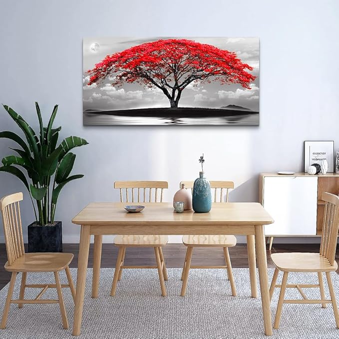 Wapluam Black And White Pictures Large Canvas Prints Wall Art For Living Room Bedroom Wall Decor Red Tree Landscape Painting To Hang Modern Home Decorations For Office Stretched And Framed Artworks