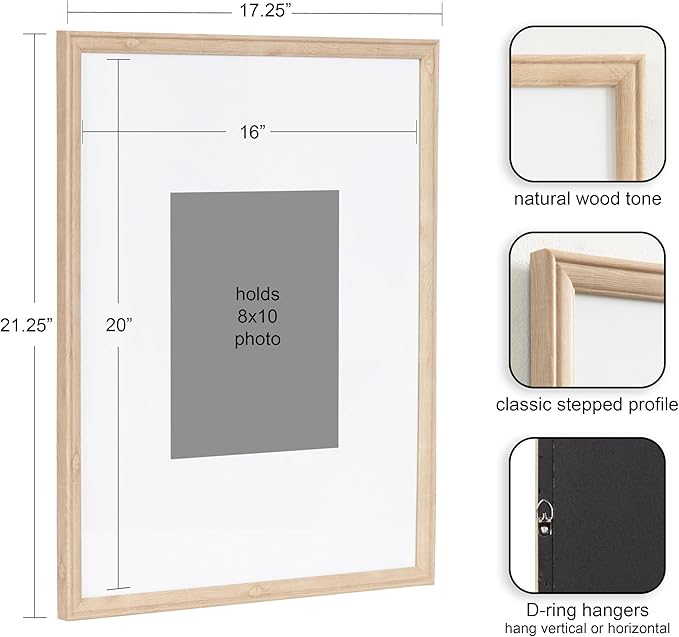 Kate and Laurel Adlynn Rectangle Picture Frame Set of 3; 16 x 20 matted to 8 x 10; Natural; Transitional Three-Piece Frame Set for Gallery Wall Frame Set in Living Room Wall Decor