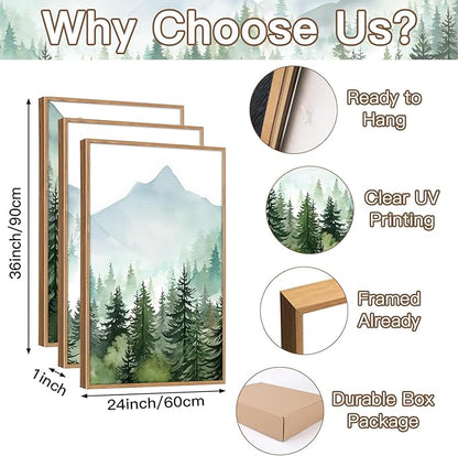 CHDITB Mountain Landscape Framed Canvas Wall Art(24"x36"), 3 Panels Boho Nature Forest Artwork Prints, Large Abstract Modern Green Pine Trees Art Decor for Bedroom Living Room Office