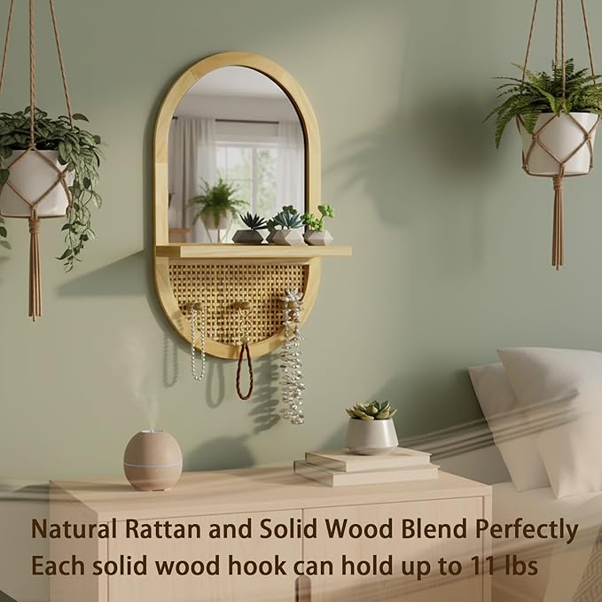Wood Wall Mirror with Hooks, 22x14 Inch Boho Wall Mirror with Removable Shelf, Oval Solid Wood Framed, Handmade Rattan Mirror Decor Accent for Entryway, Bathroom, Nursery, Bedroom, Living Room