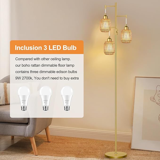 ZECOXOL Boho Floor Lamp for Living Room Bedroom-3 Light Dimmable Floor Lamp with Three Led Bulb, Rustic Tall Lamp Black Standing Lamp Tree Floor Lamps for Living Room