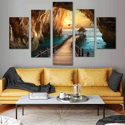 Yatsen Bridge 5 Panels Sea Rocks Wall Art Ocean and Seagulls Pictures Seascape Paintings on Canvas Artwork for Living Room Bedroom Home Decor Wooden Framed Ready to Hang - 60''W x 40''H