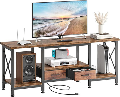 DUMOS 55” TV Stand with Power Outlets, Entertainment Center for TVs Up to 65 Inches, Industrial Media Console with Fabric Drawers & Open Shelves, Rustic Brown TV Table for Living Room, Bedroom