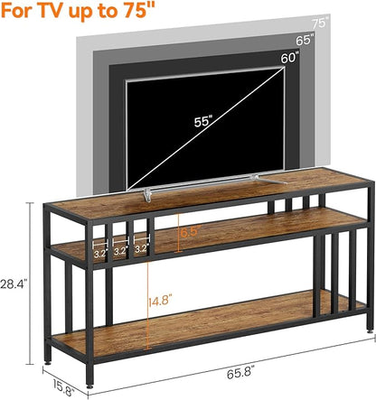 65'' TV Stand for Television up to 75 Inches, Entertainment Center with 3-Tier Open Storage Shelves, TV Media Console Table with Quadruple-Tube Support for Living Room, Rustic Brown