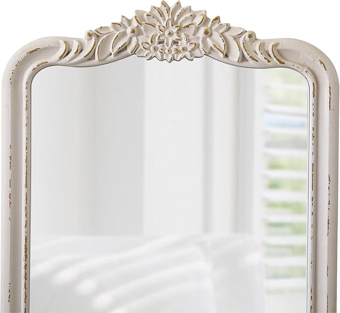 Vintage Mirror with Shelf and 4 Hooks 30 X 16 Inch, Hanging Distressed White Wood Framed Rustic Wall Mirror Decorative with Storage for Entryway Bathroom Living Room Bedroom