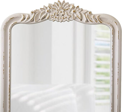 Vintage Mirror with Shelf and 4 Hooks 30 X 16 Inch, Hanging Distressed White Wood Framed Rustic Wall Mirror Decorative with Storage for Entryway Bathroom Living Room Bedroom