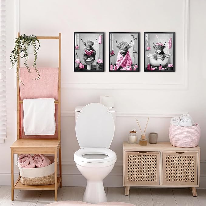 sechars Highland Cow Bathroom Wall Art 3 Piece Funny Bathroom Pictures Canvas Print Grey and Pink Decor (Pink)