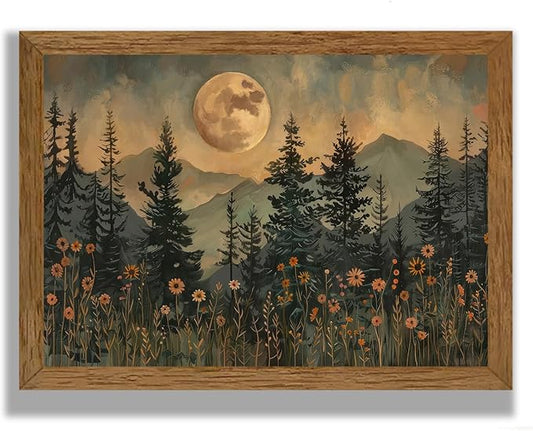 JLTULT Framed Vintage Moon Forest Canvas Wall Art, Moonlight Pine Tree Flower Wall Decor, Woodland Wildflower Picture Prints Artwork for Bedroom Living Room Office Decoration 16x24 inch Easy to Hang