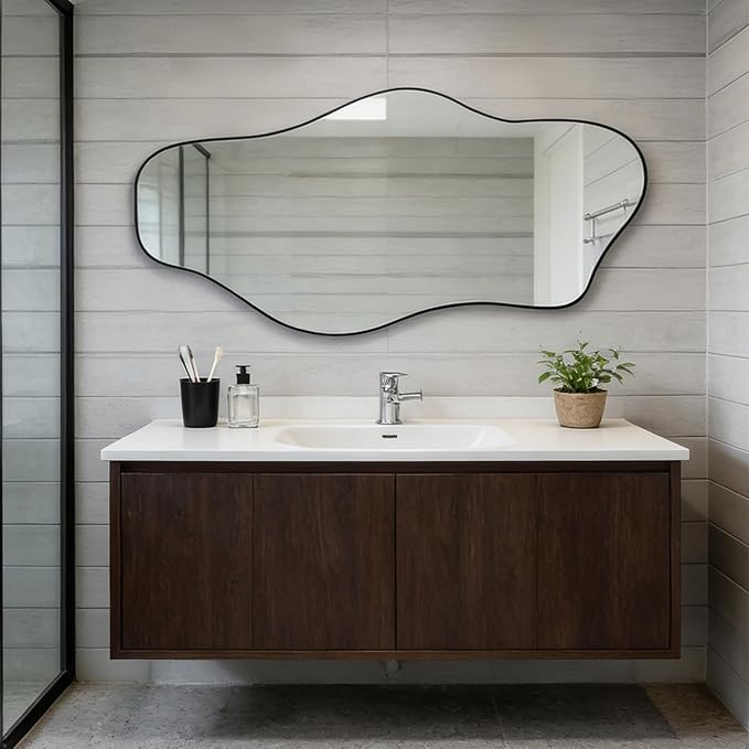 Irregular Mirror, 51.1"x23.6" Large Asymmetrical Frameless Mirror, Modern Abstract Wall Mirrors for Living Room Bedroom Hallway Entryway Bathroom, Hangs Vertically or Horizontally