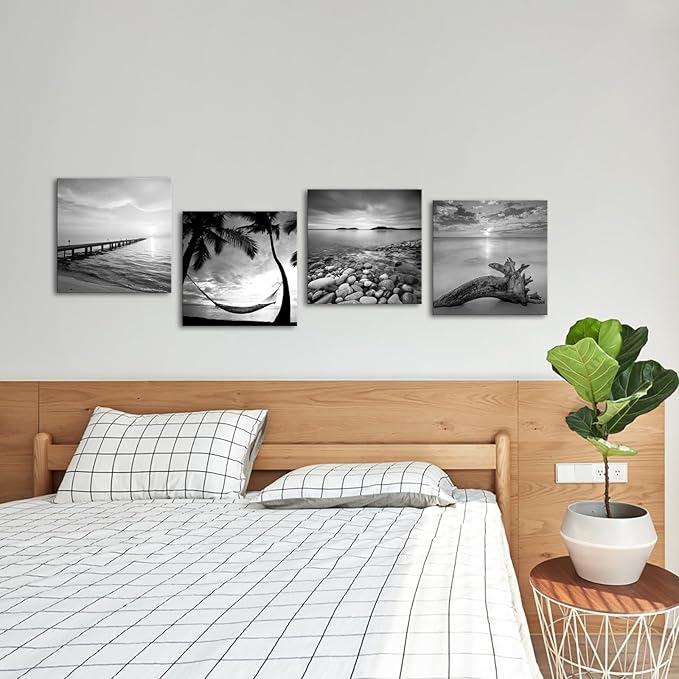 sechars - Black and White Beach Pictures Wall Art Sunrise on Sea Scenery Painting Giclee Canvas Print Stretched for Bathroom Room Living Room Office Wall Decoration