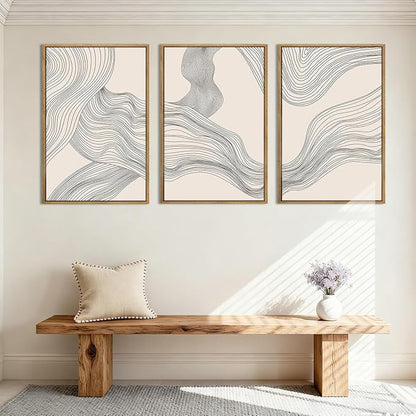 Beige Abstract Wall Art Framed Neutral Modern Canvas Wall Decor Minimalist Line Wave Painting16x24 Inch Pictures Set of 3 for Living Room Bedroom Dining Room