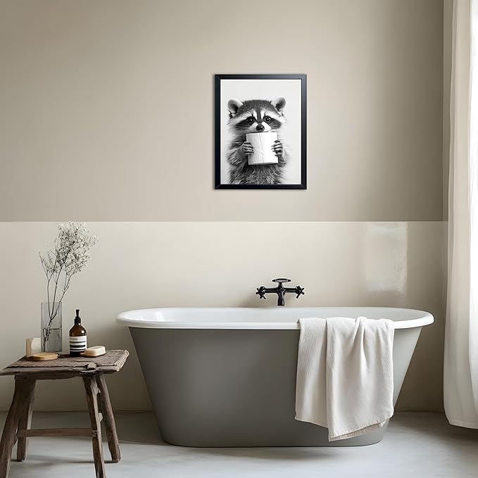 XYHYRA Bathroom Wall Art, Cute Black and White Raccoon Canvas Prints Poster, Funny Animal Decor Oil Painting, Modern Farmhouse Picture Artwork for Bathroom Toilet Wall Decor 12X16 Inch Framed
