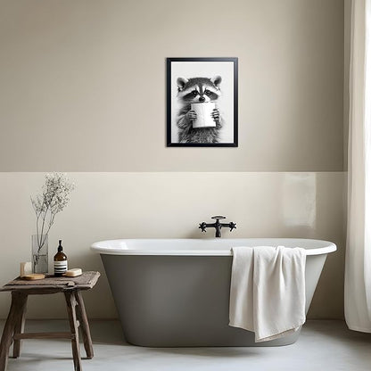 XYHYRA Bathroom Wall Art, Cute Black and White Raccoon Canvas Prints Poster, Funny Animal Decor Oil Painting, Modern Farmhouse Picture Artwork for Bathroom Toilet Wall Decor 12X16 Inch Framed