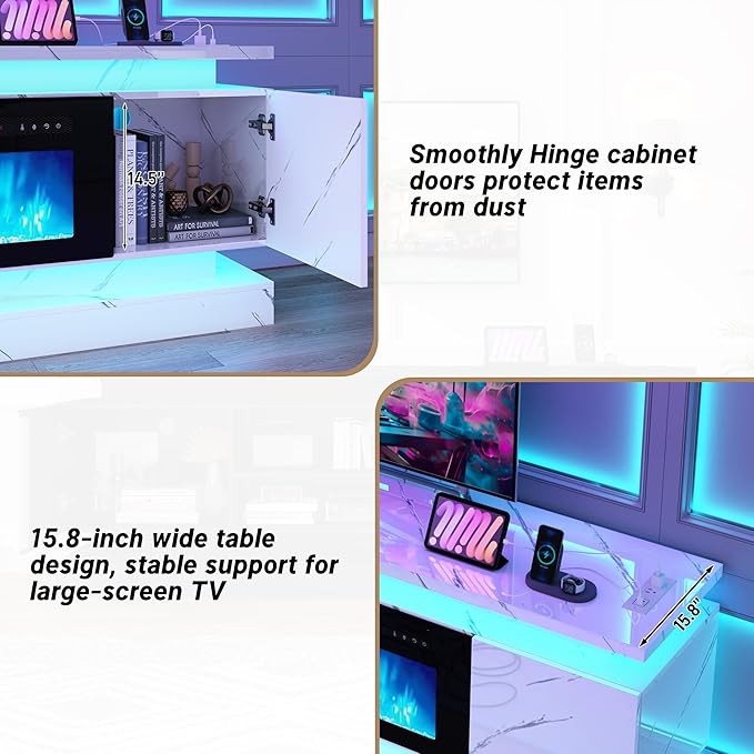 chartustriable 71IN LED TV Stands w/40 inch Fireplace Power Outlet for 85/80/75 Inch TVs,High Glossy Modern TV Media Console Gaming with 2 Storage Cabinets,Dual LED Lights,White Marble