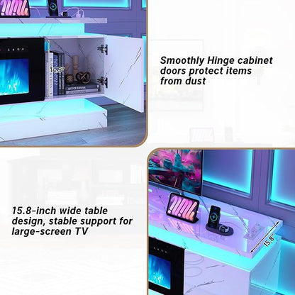 chartustriable 71IN LED TV Stands w/40 inch Fireplace Power Outlet for 85/80/75 Inch TVs,High Glossy Modern TV Media Console Gaming with 2 Storage Cabinets,Dual LED Lights,White Marble