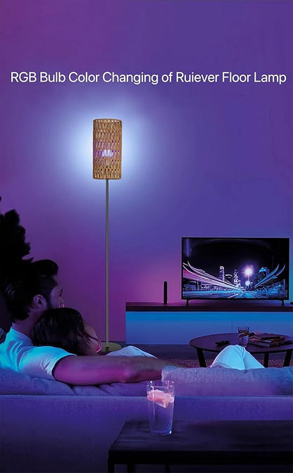 Ruiever Floor Lamp for Living Room,Farmhouse Floor lamp,Modern Standing lamp with Hand-Worked Rattan Shade (Round Rattan Shade with RGB Bulb)