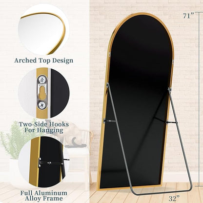 Full Length Mirror with Stand, 71"x32" Arched Full Body Mirror, Large Stand Up Mirrors, Aluminum Frame Floor Standing Mirrors, Freestanding Hanging Leaning Mounted for Bedroom Living Room, Gold