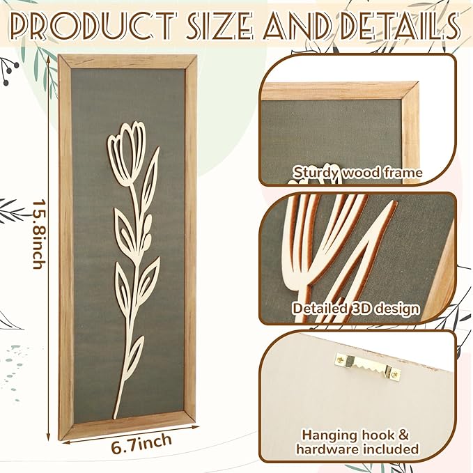 Wesiti 6 Pcs Boho Wall Art Wooden Floral Wall Decor Minimalist Botanical Print Art Decor for Rustic Vintage Farmhouse Home Living Room Bedroom Bathroom Kitchen Decoration, 15.75 x 6.69 Inch(Morandi)