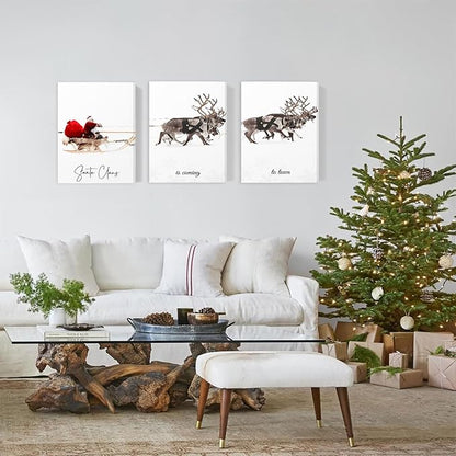 Framed Christmas Wall Art Set of 3,Santa Claus with Sleigh Canvas Art Prints,Christmas Wall Decor Living Room,Vintage Christmas Decor Santa Claus is Coming to Town Winter Wall Art Xmas Sign for Home Bedroom Bathroom Decoration,12"x16"