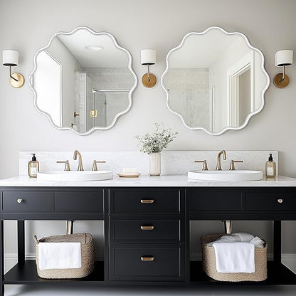 PROHOMEWARE White Round Mirror 28 Inch Wavy Bathroom Vanity Mirror White Frame Modern Wall Mirror Decorative Wall-Mounte Anti-Rust, Tempered Glass