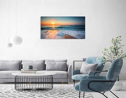 TutuBeer 1 Panel Beach Pictures Wall Art Blue Sea White Beach at Sunrise Pictures Print on Canvas Sea Wall Decor Seascape Paintings for Home Decor Stretched and Framed Easy to Hang 12x24 inch