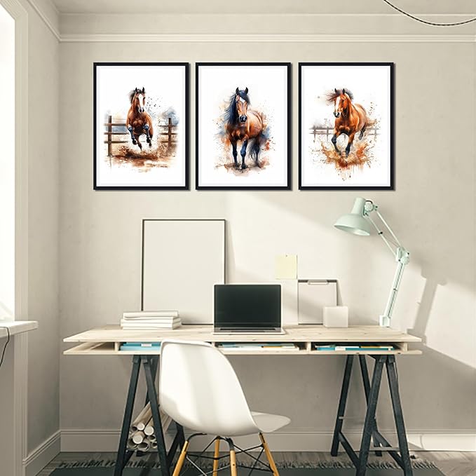 3 Pieces Watercolor Horse Framed Canvas Wall Art Equestrian Horse Picture Wall Decor for Farmhouse Modern Running Horses Print Artwork for Living Room Decoration Easy to Hand 16x24inchx3pcs