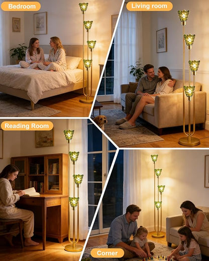 63IN 4-Lights Glass Floor Lamp Modern Dimmable Floor Lamps with Green Glass Shade& Warm White Bulbs for Wedding/Party, Gold Tall Standing Lamp with 5Lbs Heavy Base for Living Room/Bedroom