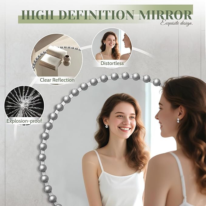 36'x36' Beaded Silver Round Wall Mirror with Metal Frame, Small Vintage Retro Baroque Ornate Vanity Mirror for Bathroom, Fireplace,Entryway, Living Room (Beaded Round Mirror)