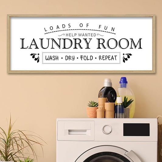 Wash Dry Fold Repeat Wall Decor Art 32"X12" Laundry Room Sign Bathroom Laundry Rules Large Wood Framed Wall Hanging (Wood)