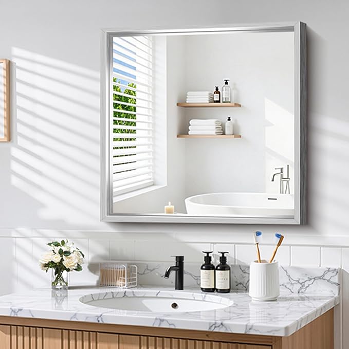 CIRCUMI 30"x30" Brushed Silver Mirror with Chunky Box Metal Frame, Bathroom Mirror for Vanity Remodel & New Home, Living Room, Entryway, Square Wall Mirror, Tempered Glass, Vertical or Horizontal
