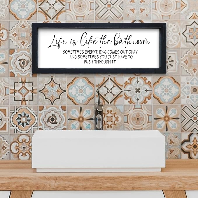 Life Is Like The Bathroom Sign Funny Motivational Quote Wall Decor 16"×6" Small Wood Framed for Bathroom Restroom Wall Hanging Art (Black)