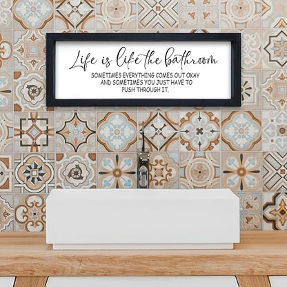 Life Is Like The Bathroom Sign Funny Motivational Quote Wall Decor 16"×6" Small Wood Framed for Bathroom Restroom Wall Hanging Art (Black)
