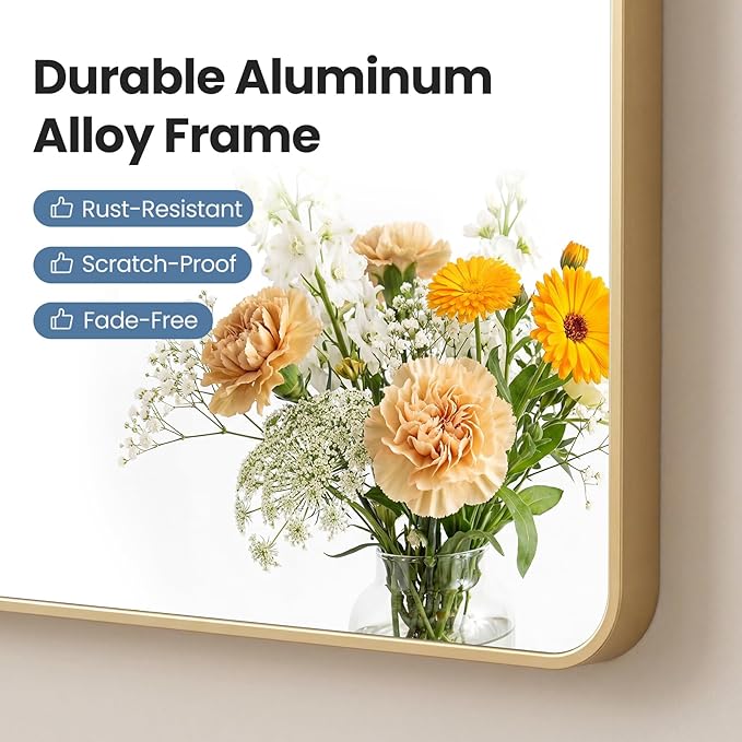 OLIXIS Bathroom Mirror for Over Sink, 36x24 Inch Wall Mount Mirror with Rounded Rectangle and Matte Metal Framed, Modern Wall Vanity Mirror for Home Decor, Living Room, Bedroom, Gold
