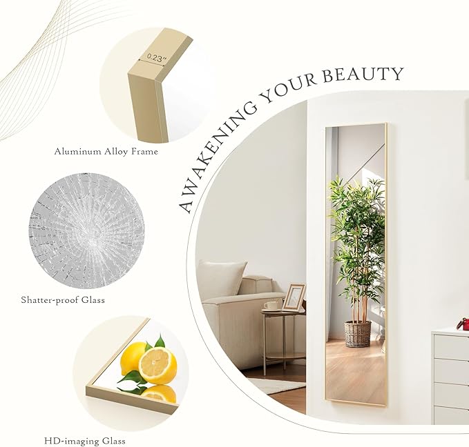 Mirror Full Length, Upgraded 16"x59" Body Wall Mirrors with Shatter-Proof Glass, Floor Standing, Hanging or Leaning, Tall Mirror with Stand Aluminum Alloy Frame for Bedroom, Gold
