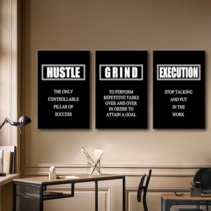 Motivational Wall Art Hustle Grind Execution Poster 3 Pieces Canvas Print Inspirational Quotes Decor Painting Framed for Office Home Living Room Decoration Ready to Hang [48''W x 24''H]