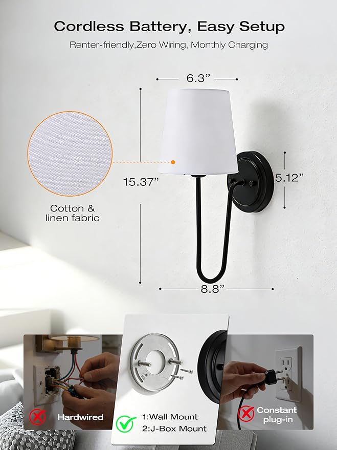 CLOUDY BAY 10000mAh Battery Operated Wall Sconces,Up to 100 Hours with Rechargeable RGB Dimmable Magnetic Bulb,Cordless Wall Lighting Fixtures with Remote for Bedroom,Black,2 Pack-15.4in