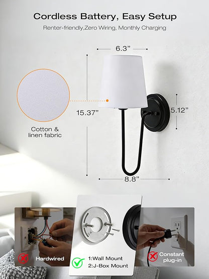 CLOUDY BAY 10000mAh Battery Operated Wall Sconces,Up to 100 Hours with Rechargeable RGB Dimmable Magnetic Bulb,Cordless Wall Lighting Fixtures with Remote for Bedroom,Black,2 Pack-15.4in