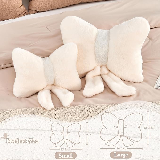 XVTRU Ivory Bow Pillow, Soft Bow Decorative Pillows with Faux Rabbit Fur, Cute 16" Bow Throw Pillows, Aesthetic Home Decor Bow Shaped Plush Pillow for Bedroom Sofa Couch